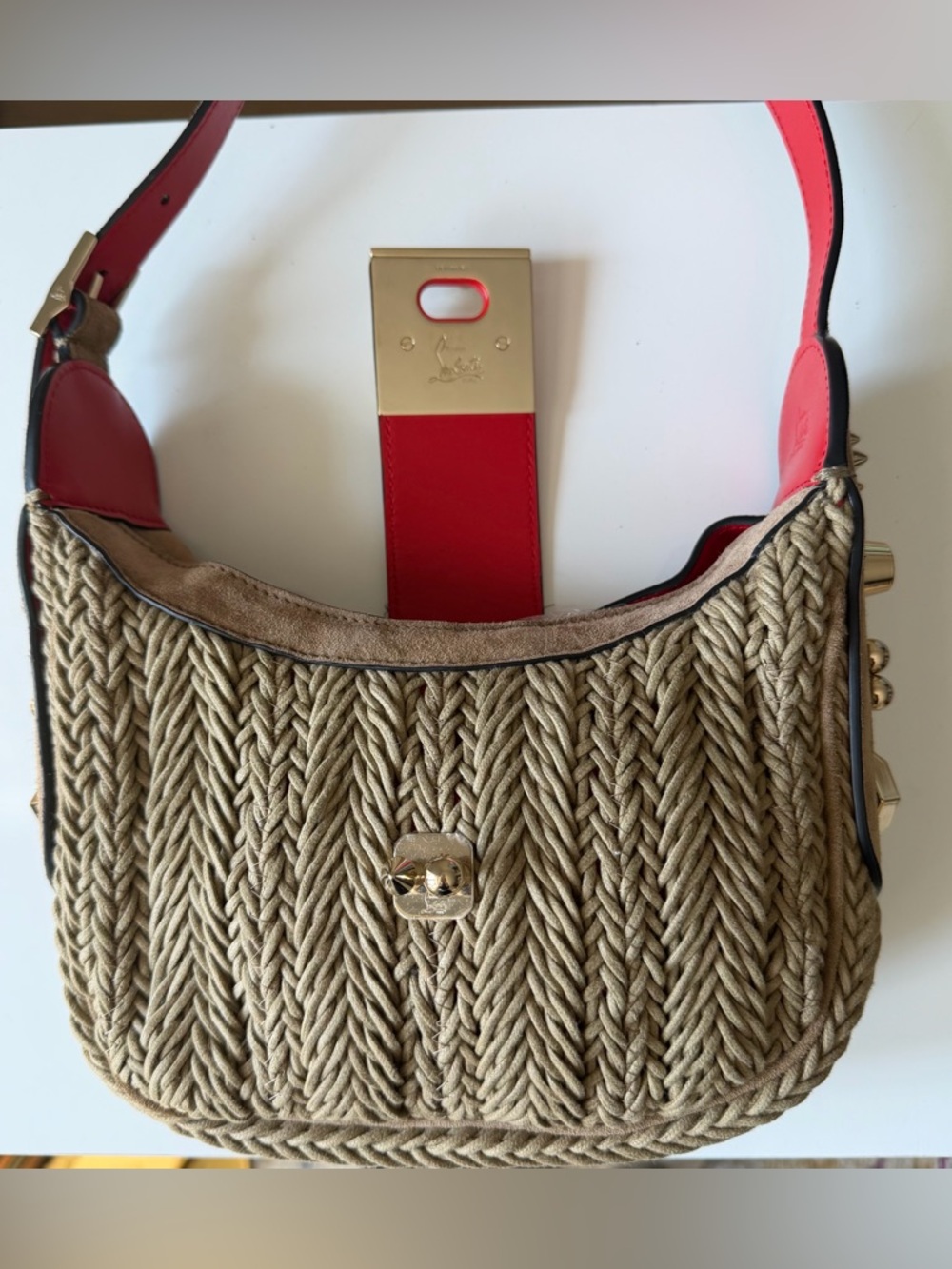 Christian Louboutin Carasky Mini Raffia Bag Gold Stud Crossbody Shoulder - Picture 7 of 14